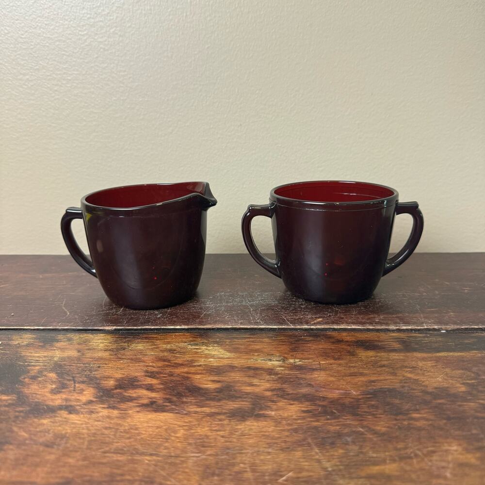 Vintage Anchor‎ Hocking Royal Ruby Red Glass Creamer & Sugar Set